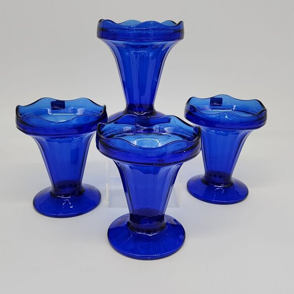 Luminarc French Cobalt Blue Glass Parfait Ice Cream Cup Lot 4 Scalloped VTG - Picture 5 of 10